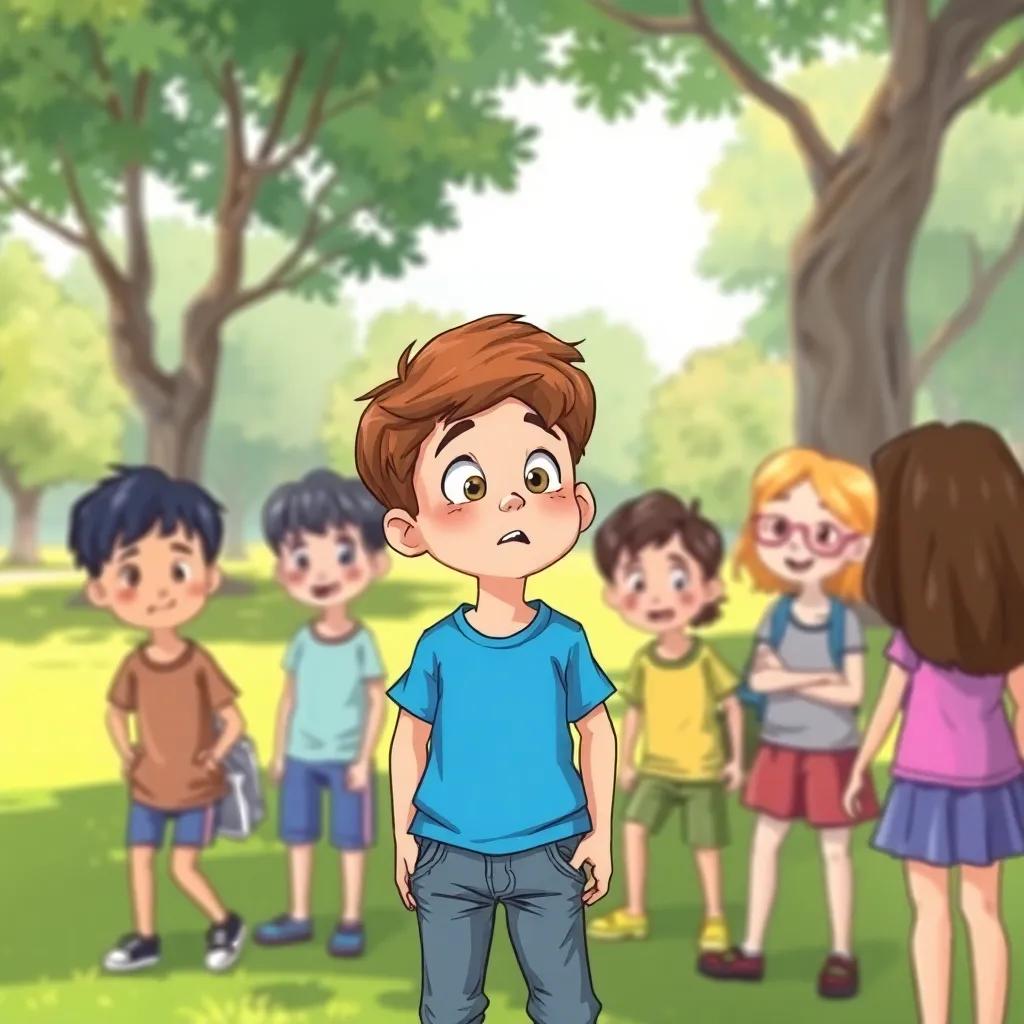 A young boy, Sami, with short brown hair and wearing a blue t-shirt and jeans, standing in a green park with his friends, looking surprised, illustration, bright colors, cheerful atmosphere, high quality