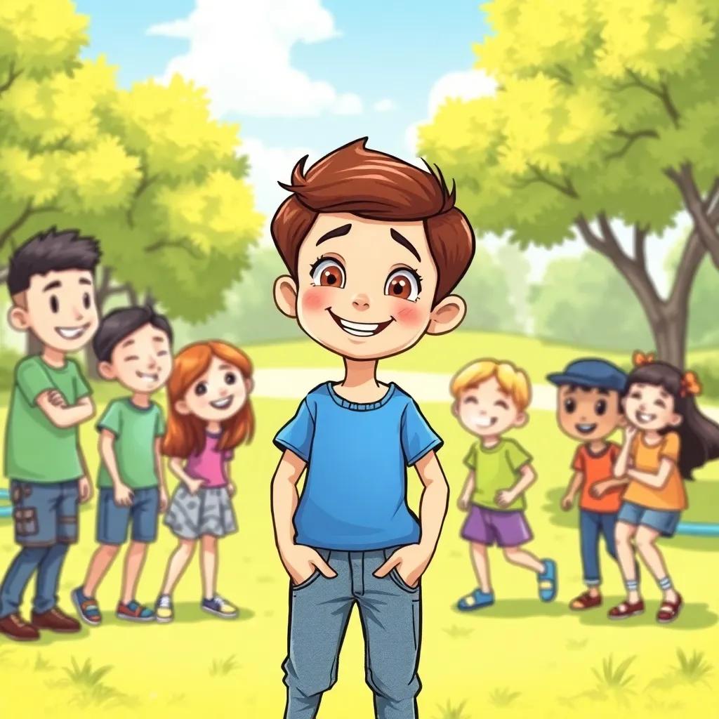 Sami, a young boy with short brown hair in a blue t-shirt and jeans, gathered with his friends in a sunny park, all smiling and playing games, fun and lively, detailed, uplifting scene, child-friendly
