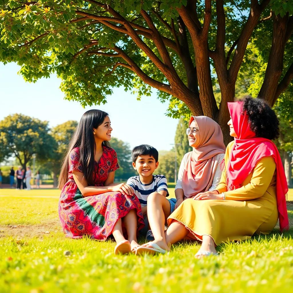 A sunny park with three friends Sara, a young Arab girl with long, dark hair wearing a colorful dress, Waleed, a boy with short black hair in a t-shirt and shorts, Meryam, a girl with curly hair wearing a bright hijab, sitting under a tree, laughing and discussing their ideas, cheerful atmosphere, vibrant colors, inviting setting, high quality
