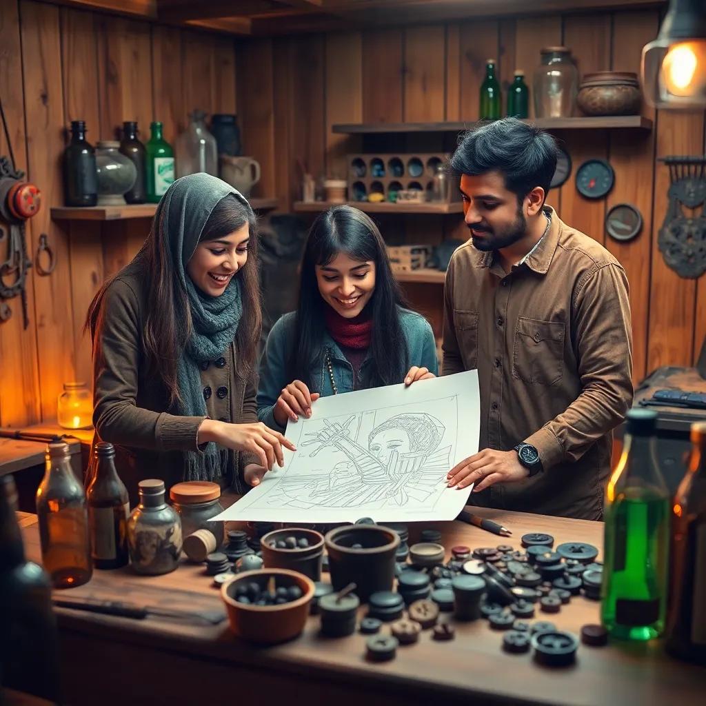 Three friends in a workshop made of wood, surrounded by old items like bottles and buttons, Sara excitedly pointing to a sketch on a table while Meryam gathers the items and Waleed looking thoughtfully, creative energy, warm light, detailed, lively