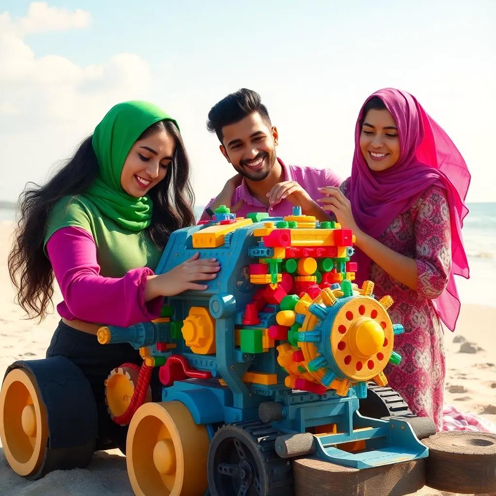 An imaginative machine being built by Sara, Waleed, and Meryam, with a beach in the background, Sara adding colorful pieces, Waleed showing how to attach parts, Meryam smiling, sunny day, bright colors, joyful atmosphere, high quality