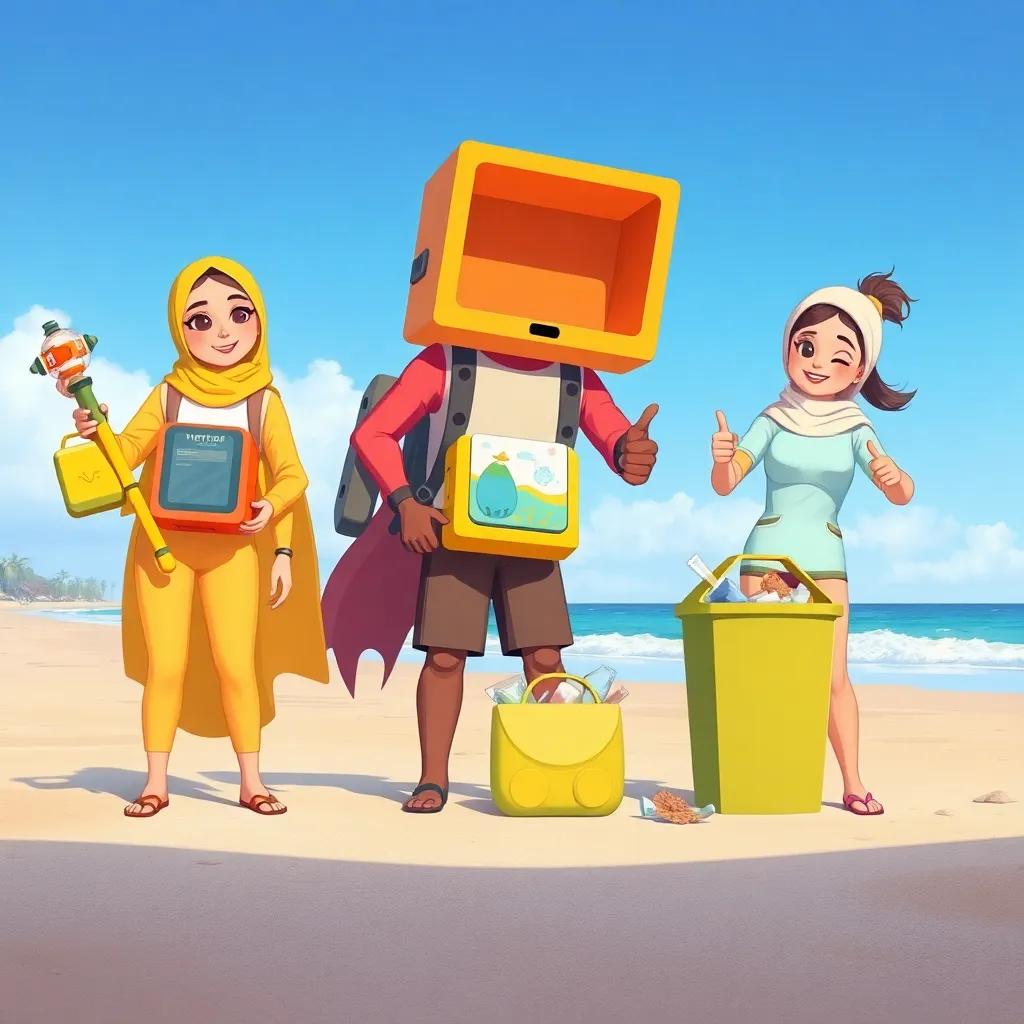 The friends at the beach with their new machines, happily collecting waste, Meryam showcasing a vibrant tool, Waleed gathering trash with a big smile, Sara showing a thumbs up, beautiful beach setting, clear blue sky, detailed, children-friendly