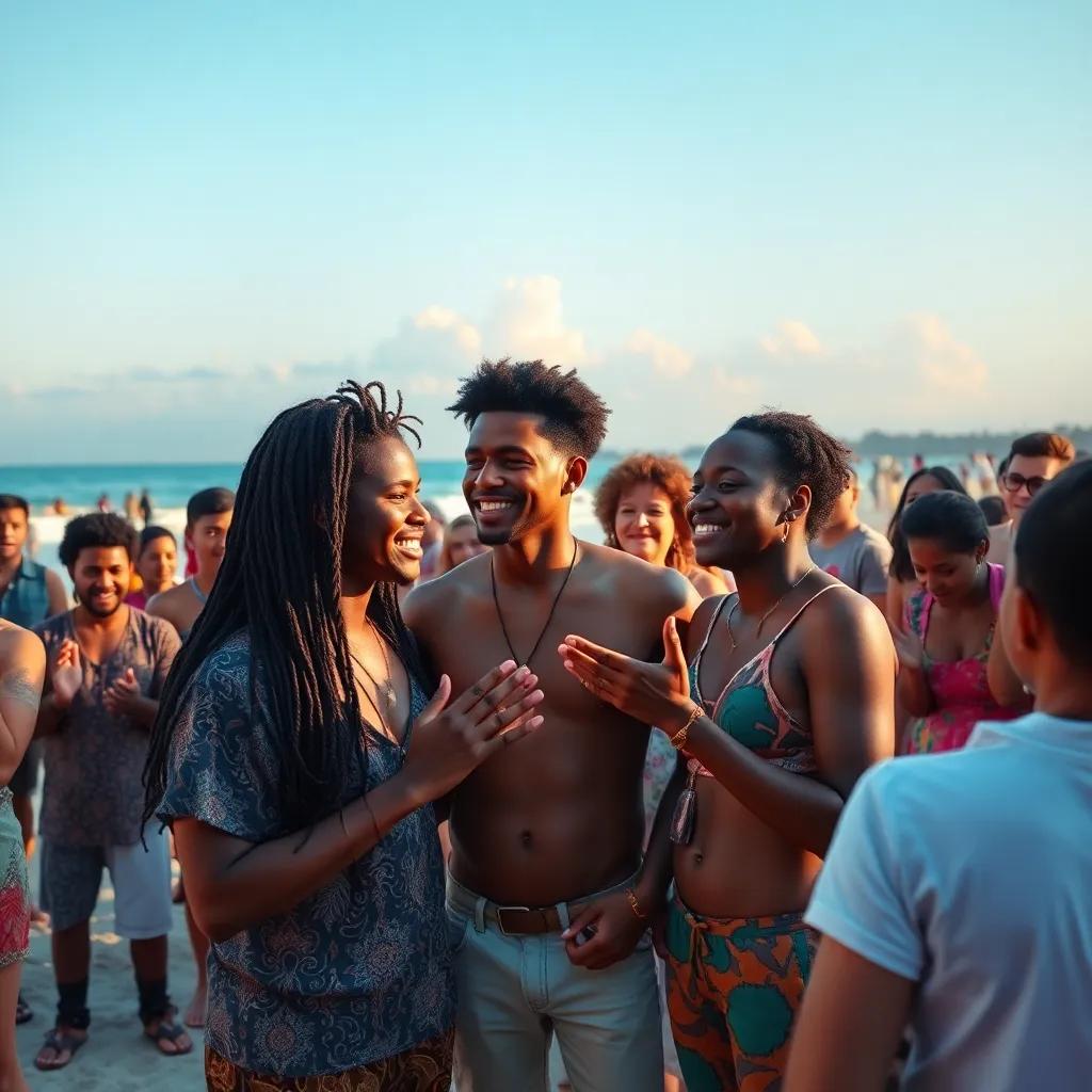 A crowd on the beach watching the three friends, individuals of different ethnic backgrounds, applauding and asking questions, happy faces, colorful beach environment, high quality, warm atmosphere