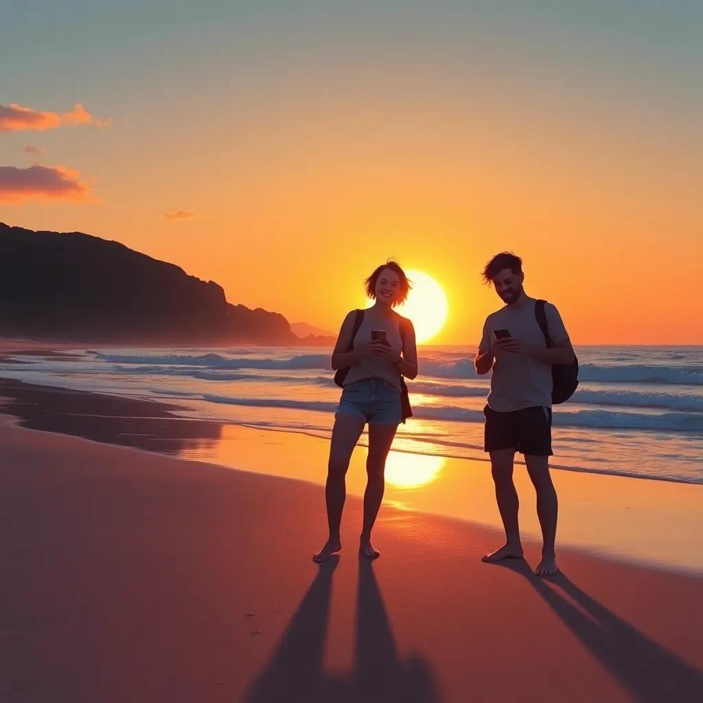The beach now clean and shining, the three friends tired but happy, standing with their devices, sunset glowing behind them, rich colors, uplifting scene, high quality