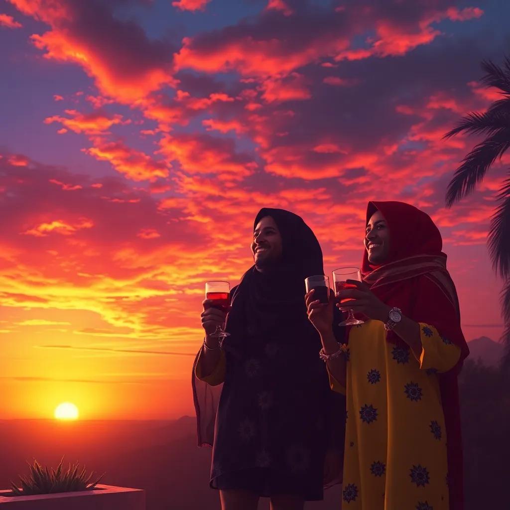 The sunset backdrop with the friends celebrating their achievement, Sara discussing plans with Waleed and Meryam, holding drinks, feeling accomplished, splendid colors, detailed, joyful atmosphere, high quality