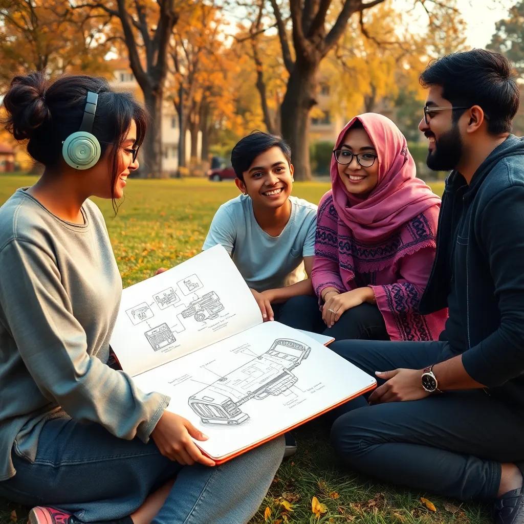 The friends, back in their park, brainstorming ideas for new machines, a sketchbook spread out, Sara drawing another device, Waleed and Meryam looking excited, creative energy, friendly environment, warm light, detailed