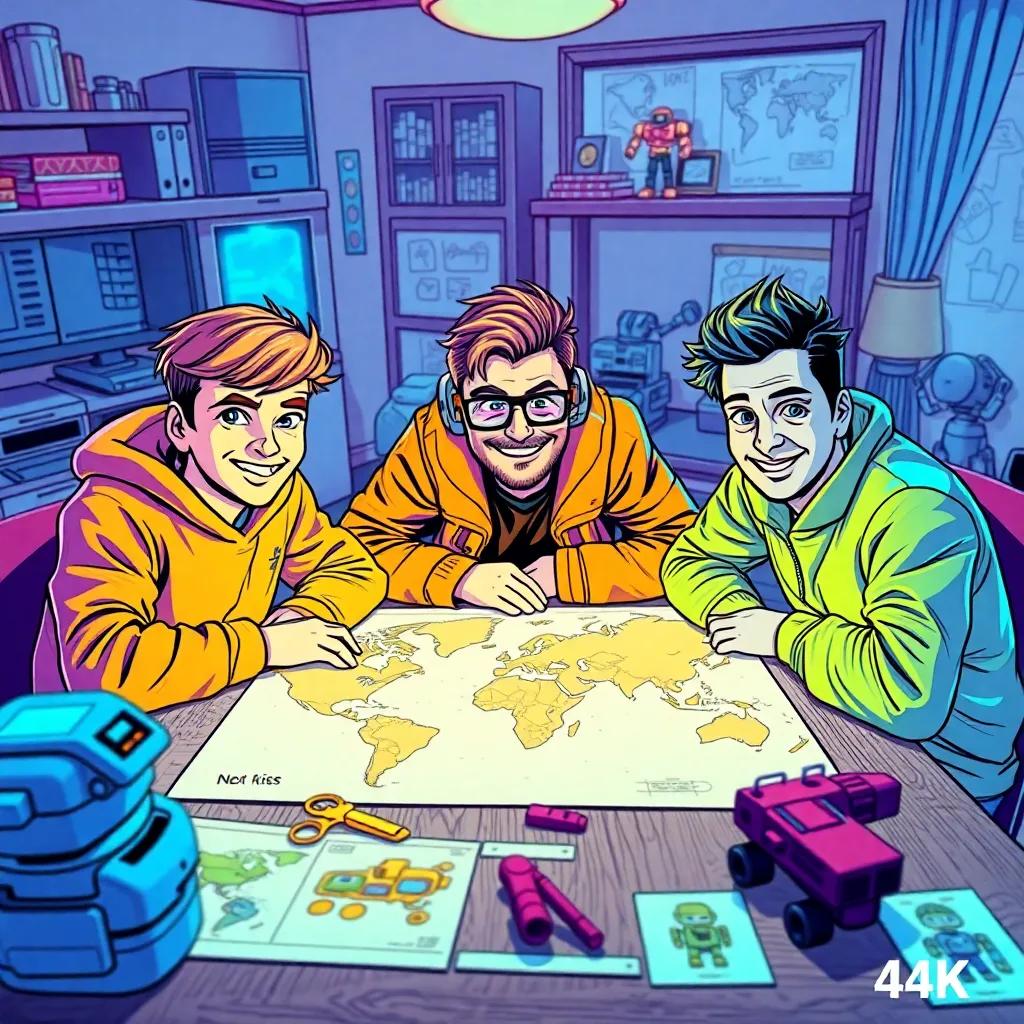 The three friends, with determined smiles, planning their next adventure at home, a world map spread on the table, colorful drawings of machines around them, bright colors, engaging atmosphere, high quality