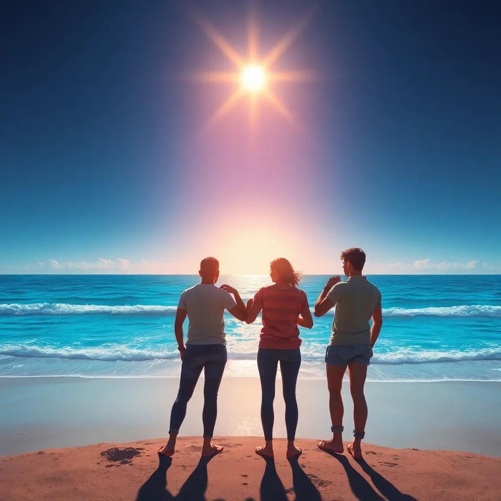 The friends standing together looking at the horizon of a clean beach, promising each other to continue their mission, inspired expressions, sunlight shining over them, beautiful beach setting, high quality