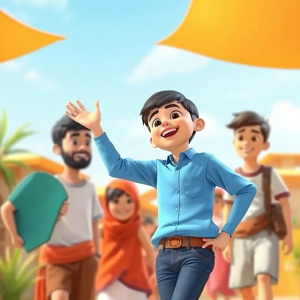 A young Arab boy, Sami, with short black hair, wearing a blue shirt and jeans, excitedly talking with his friends in a sunny village, cheerful atmosphere, digital art, vibrant colors, friendly expression