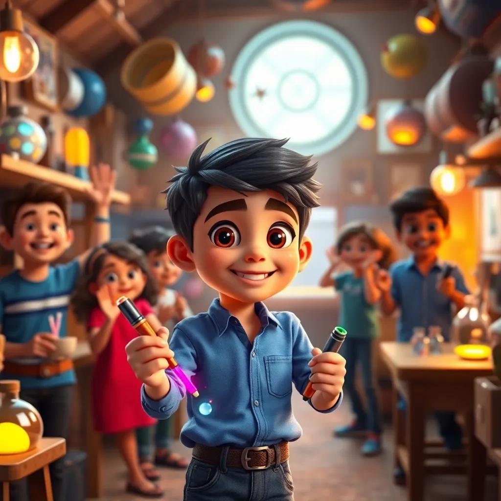 A young Arab boy, Sami, with short black hair, wearing a blue shirt and jeans, holding a magical pen with glowing colors, surrounded by his friends cheering in a cozy workshop filled with inventions, colorful, warm light, lively atmosphere