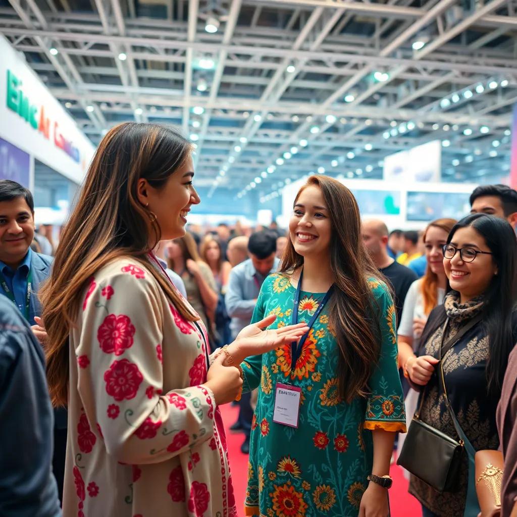 A vibrant exhibition hall with a large crowd, featuring Monah Al-Tweijriya, a young Arab woman with long brown hair wearing a colorful dress, demonstrating a new audio device to blind visitors, smiles and excitement on everyone's faces, digital painting, warm light, inviting ambiance, high quality