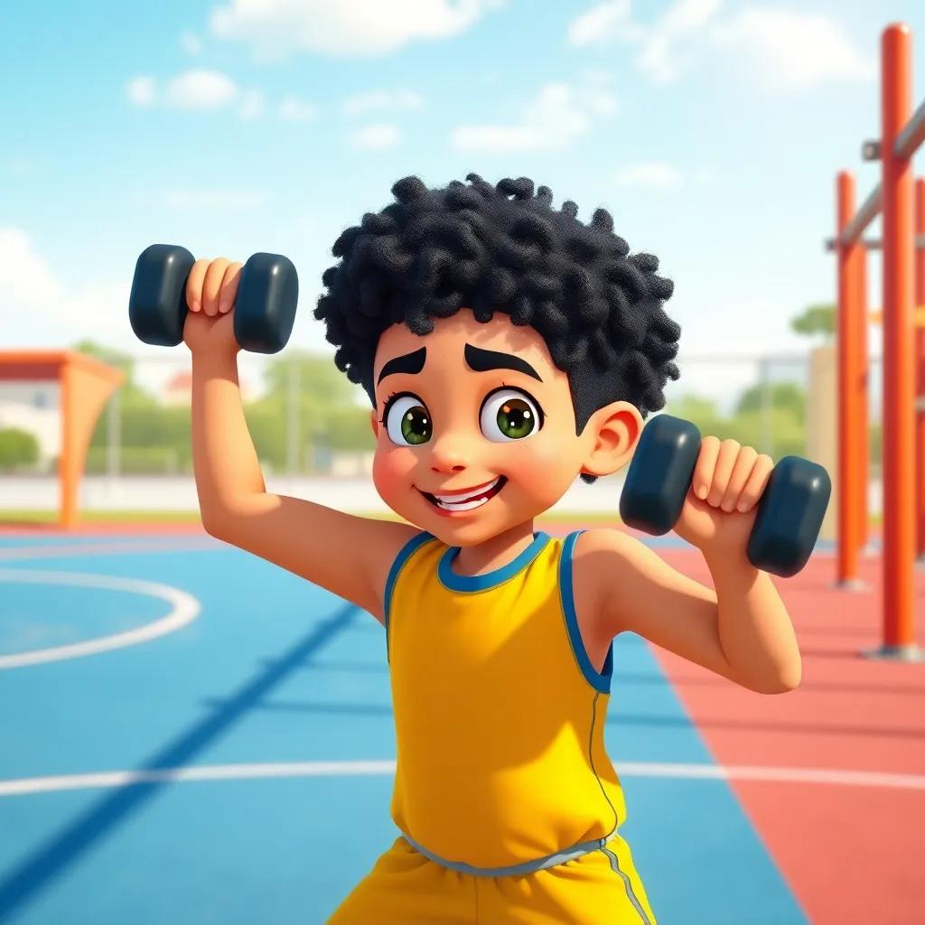 Ibrahim, a young Arab boy with curly black hair, wearing a yellow sports outfit, training on a playground with weights, demonstrating determination in a sunny day, illustration, vibrant colors, energetic and motivational, high quality