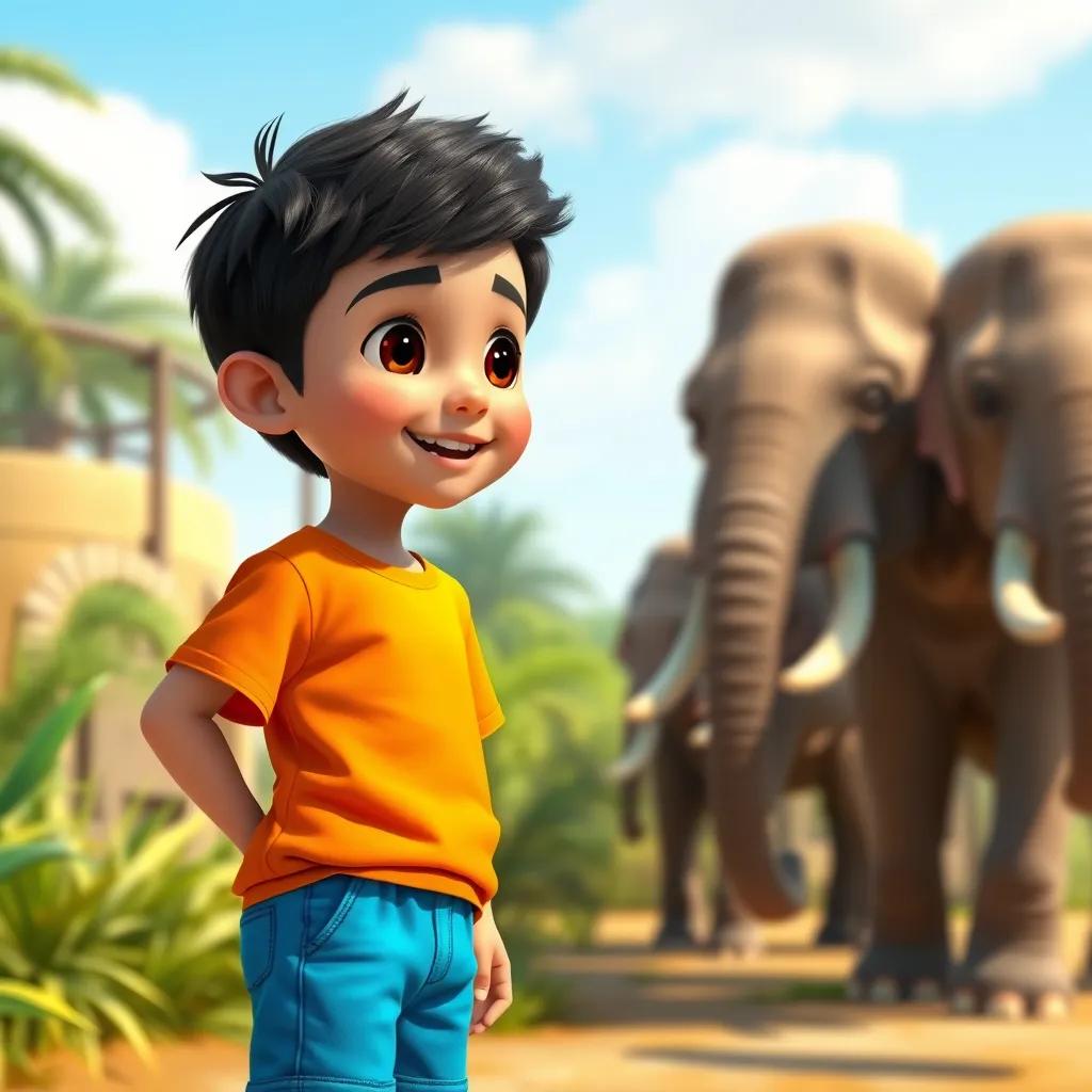 A young Arab boy, Ibrahim, with short black hair, wearing a bright t-shirt and blue shorts, looking excitedly at elephants in a zoo, digital art, cheerful colors, sunny atmosphere, high quality