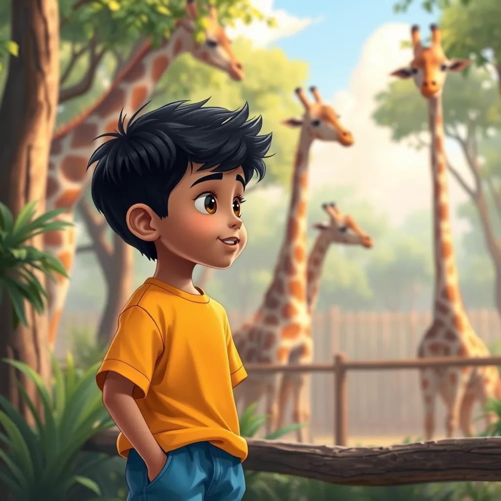A young Arab boy, Ibrahim, with short black hair, wearing a bright t-shirt and blue shorts, observing giraffes eating leaves from tall trees in a zoo, detailed illustration, warm colors, lively environment, high quality