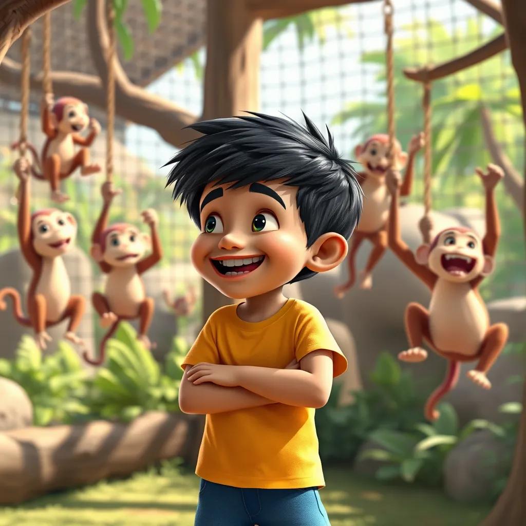 A young Arab boy, Ibrahim, with short black hair, wearing a bright t-shirt and blue shorts, laughing at playful monkeys swinging in their enclosure in a zoo, whimsical style, colorful, engaging scene, high quality