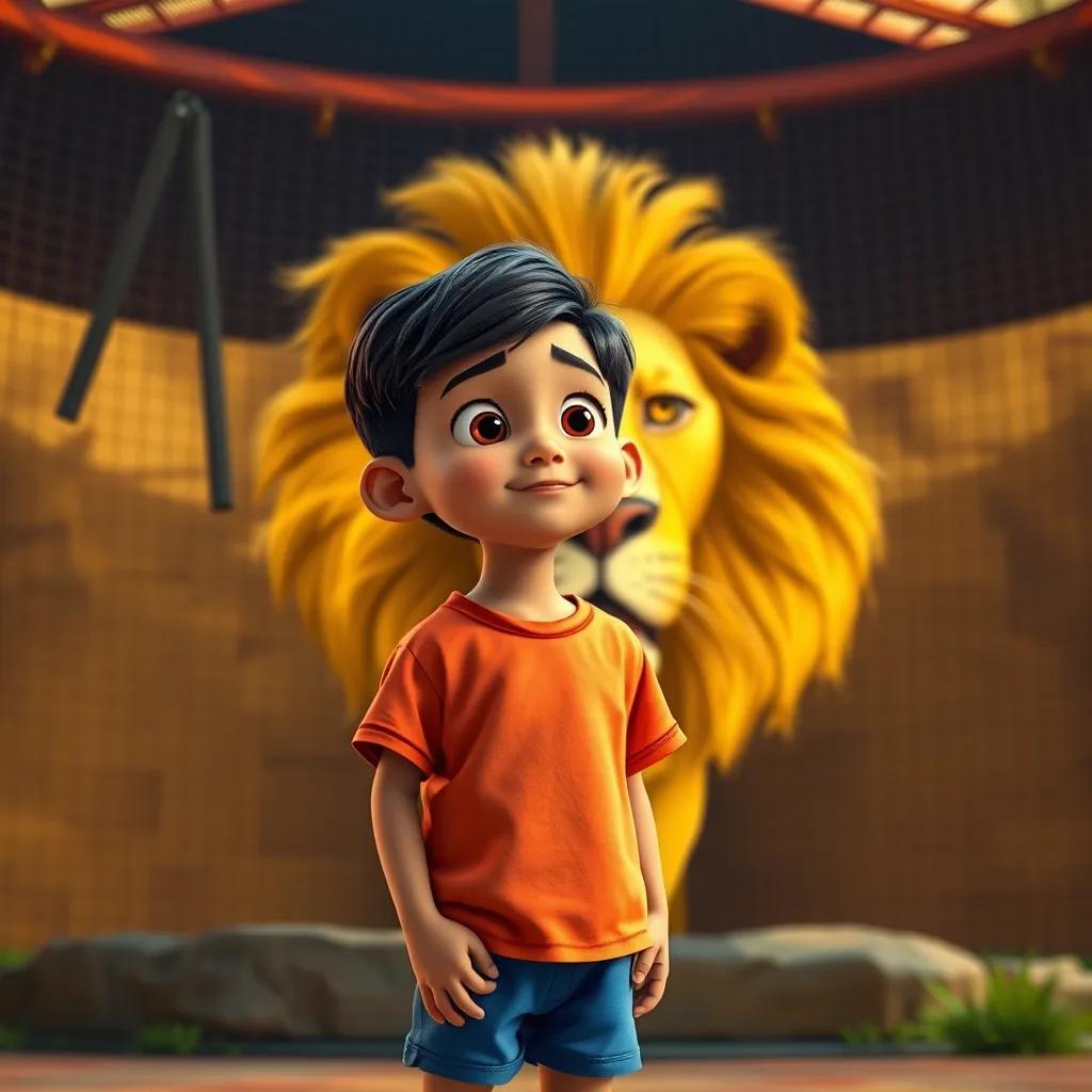 A young Arab boy, Ibrahim, with short black hair, wearing a bright t-shirt and blue shorts, standing in awe in front of a majestic lion in its enclosure, vibrant colors, dramatic lighting, high quality