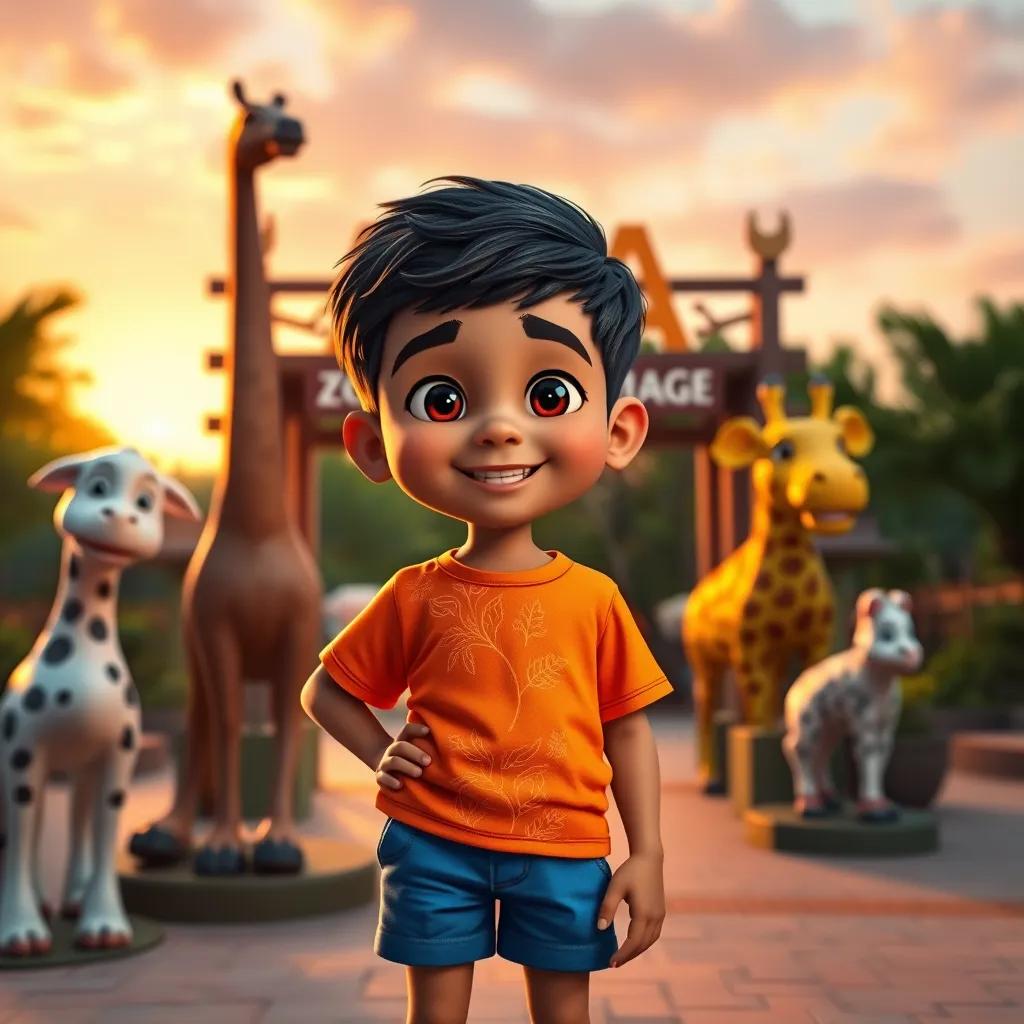 A young Arab boy, Ibrahim, with short black hair, wearing a bright t-shirt and blue shorts, posing happily next to animal statues at the zoo entrance at sunset, heartwarming, rich colors, joyful atmosphere, high quality
