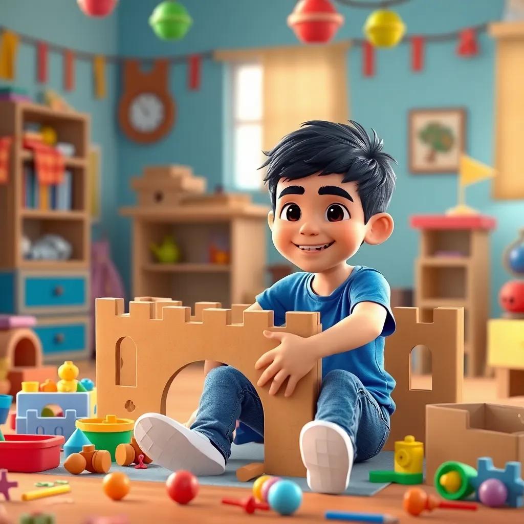 A young Arab boy, Sami, with short black hair, wearing a blue t-shirt and jeans, joyfully building a cardboard castle, colorful toys scattered around, vibrant atmosphere, cheerful and playful