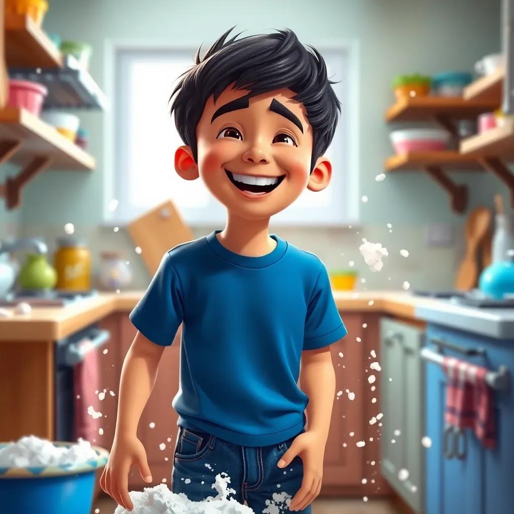 A young Arab boy, Sami, with short black hair, wearing a blue t-shirt and jeans, laughing while making a mess in the kitchen with flour and water everywhere, bright and colorful kitchen, fun and light-hearted, engaging scene