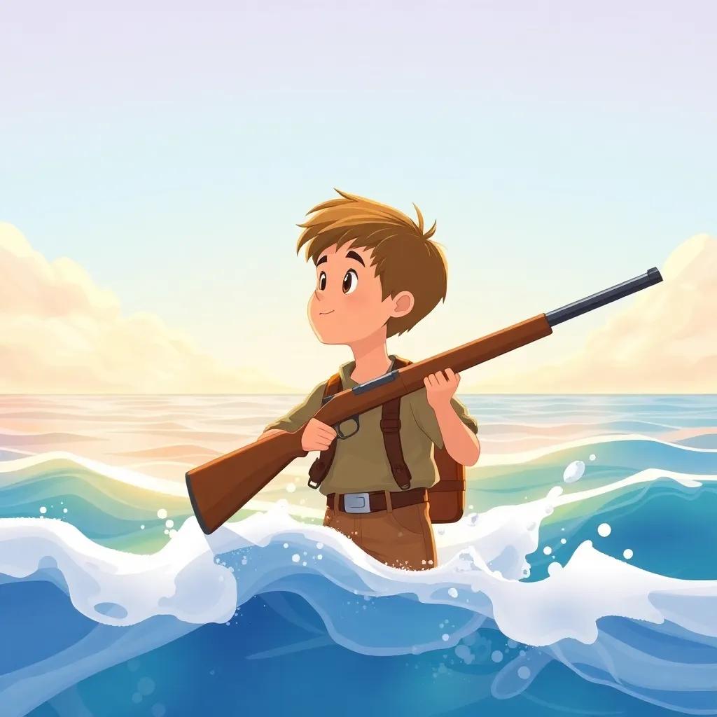 A young boy, with short hair and a simple outfit, holding a hunting rifle, looking eagerly at the ocean, surrounded by gentle waves and a bright sky, illustration, hopeful and adventurous, warm colors
