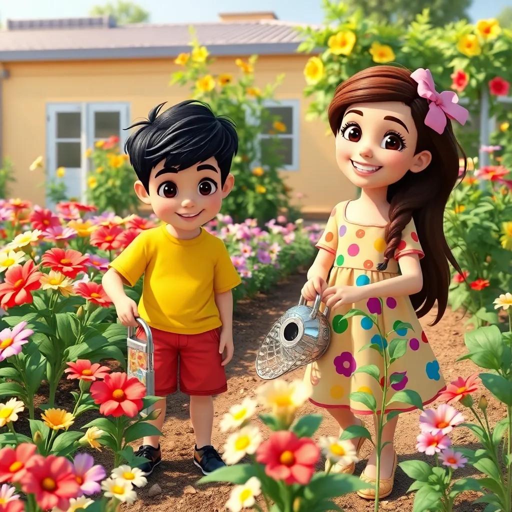 A colorful school garden with flowers blooming, two young Arab children, Sami with short dark hair wearing a bright t-shirt and shorts, and Leila with long brown hair wearing a cheerful dress, watering plants and smiling, vibrant colors, sunny day, cheerful atmosphere, digital art
