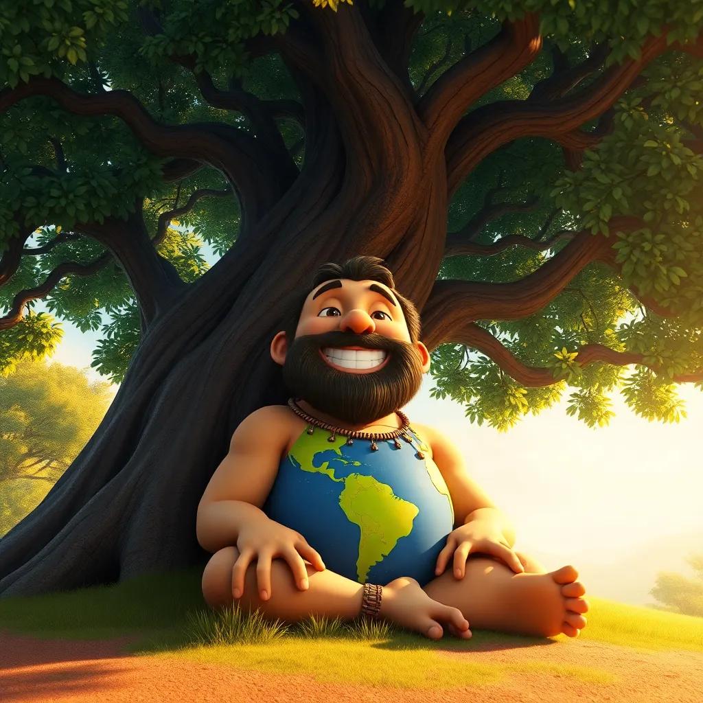A beautiful earth figure representing father Earth, sitting under a large tree with a warm smile and golden sunlight streaming, digital art, vibrant colors, joyful atmosphere, inviting scene, high quality