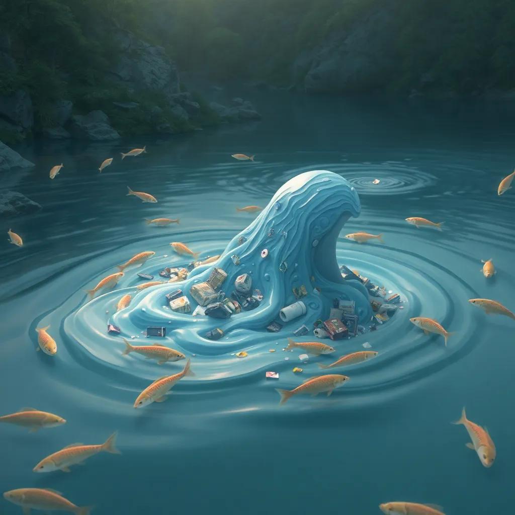 A flowing water figure, appearing full of waste, surrounded by fish and a river, showing sadness in the scene, digital art, soft colors, emotional environment, high quality