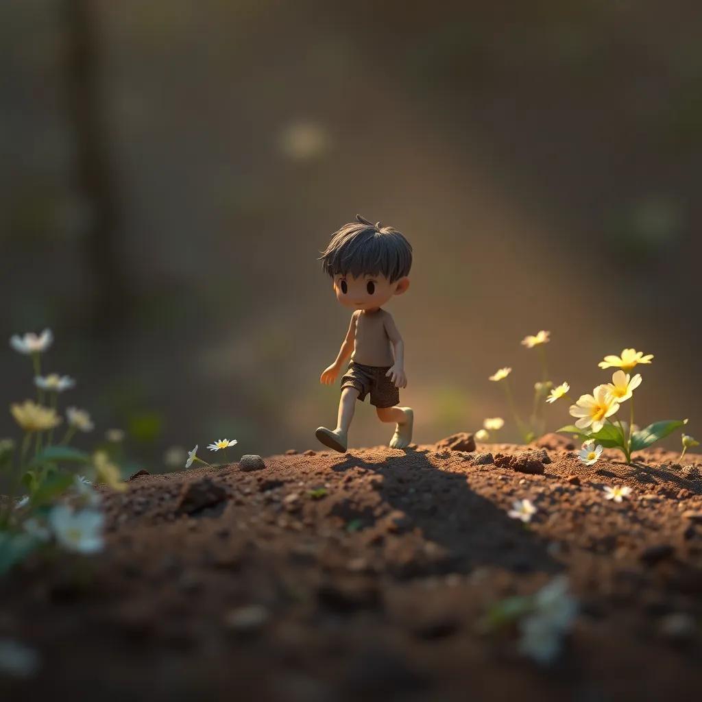 A shy soil figure walking slowly with delicate flowers around, looking lost, digital art, warm earthy colors, intimate atmosphere, high quality