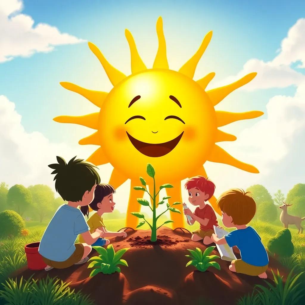 A bright sun figure, radiating joy with rays of light, watching children planting trees and drawing nature scenes, vibrant colors, cheerful moment, high quality