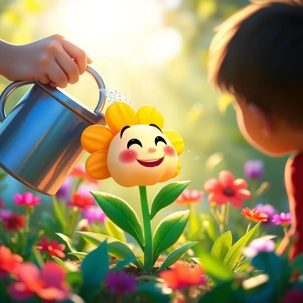 A small flower figure, smiling brightly, being watered by a child, surrounded by greenery and sunlight, digital art, vibrant colors, hopeful scene, high quality