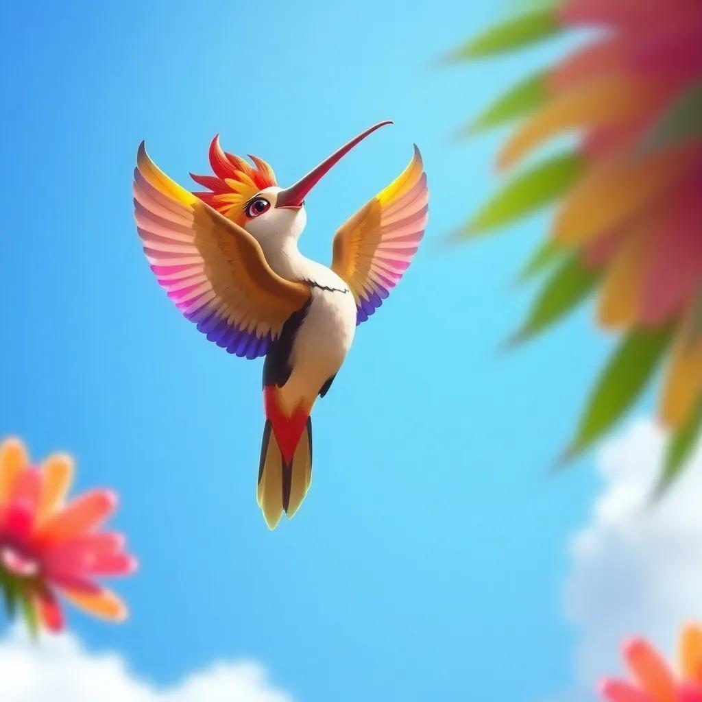 A colorful hoopoe bird, soaring in the sky, singing a joyful tune about hope and change, digital art, bright colors, uplifting atmosphere, high quality