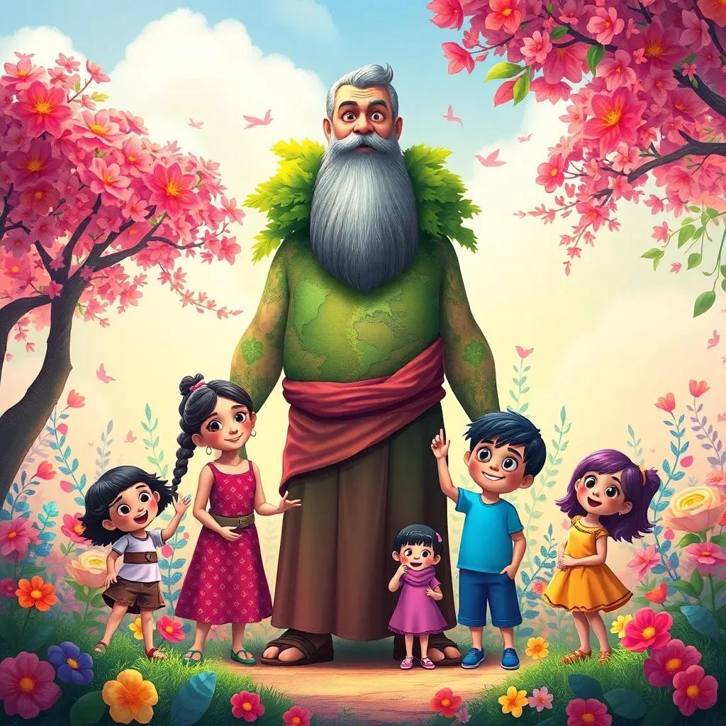 Father Earth figure standing proudly, surrounded by children and nature, filled with colors and floral patterns, digital art, vibrant shades, heartwarming family scene, high quality