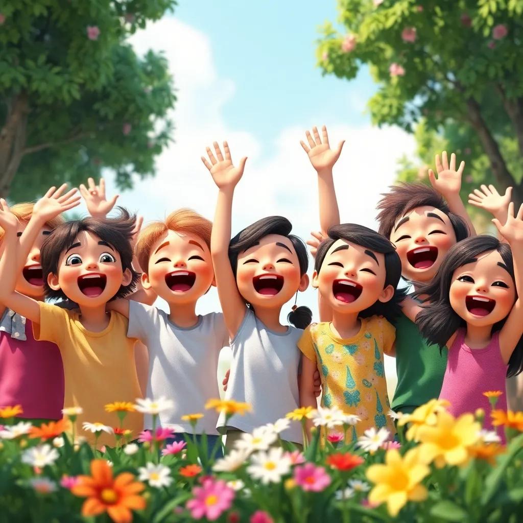 A group of cheerful children, shouting in unity with smiles, surrounded by flowers and trees, digital art, bright colors, joyful atmosphere, high quality