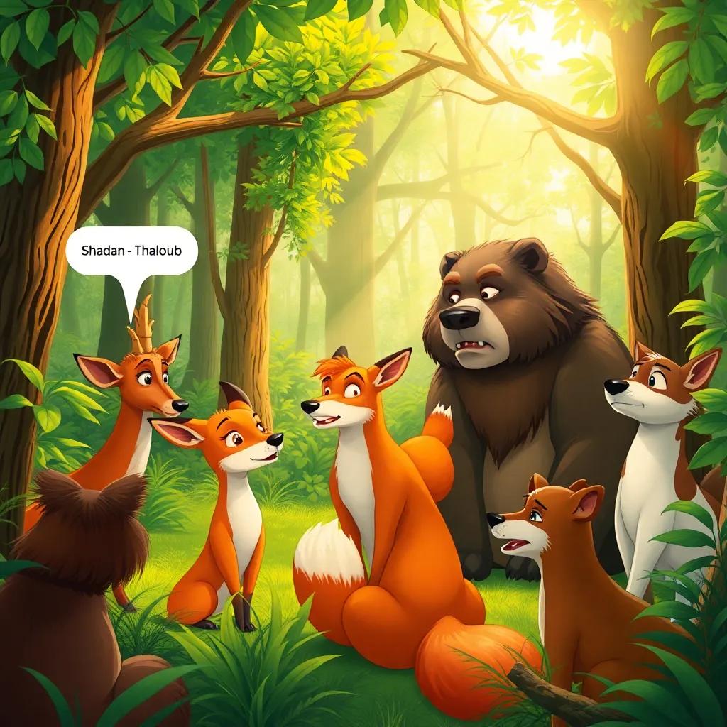 A lush green forest with a group of animals gathered around, deer Shadan speaking, fox Thaloub looking away, worried expressions on others like bear Yassar and dog Thamthim, warm sunlight filtering through trees, illustration, animated style, vivid colors, child-friendly, high quality