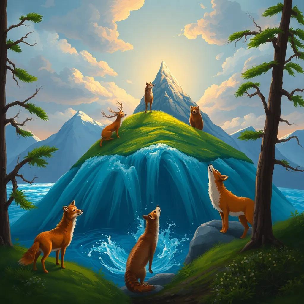 A mountain top where the animals have taken shelter from a flood, deer Shadan and bear Yassar together, fox Thaloub in danger in the water below, wolves howling, vibrant atmosphere of tension and courage, illustration, animated style, captivating scene, child-friendly, high quality.
