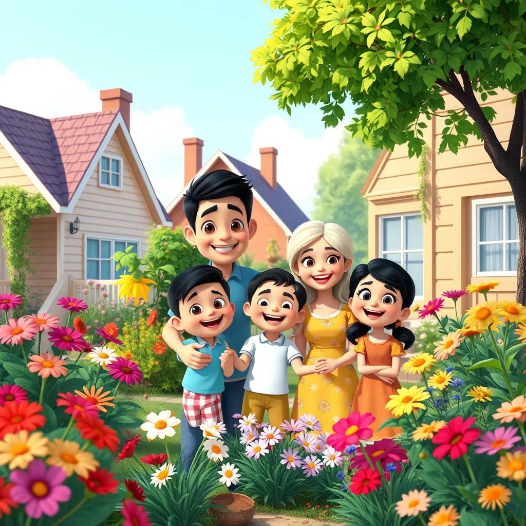 A happy family in a small neighborhood, smiling together in their garden with vibrant flowers, digital art, cheerful, bright colors, family unity, inviting atmosphere, high quality