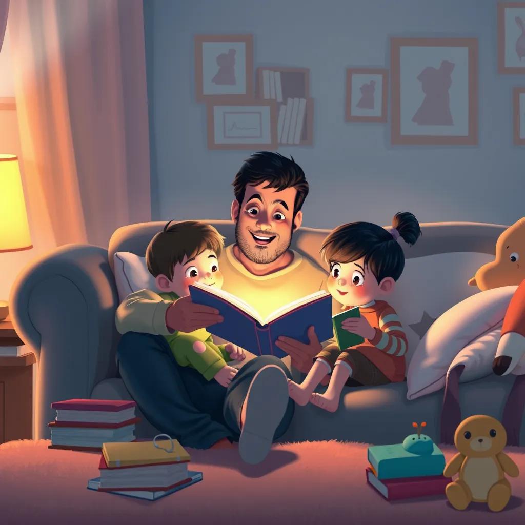 A father reading a bedtime story to his children, sitting on a cozy sofa with warm light, surrounded by books and toys, heartwarming, family values, detailed, emotional