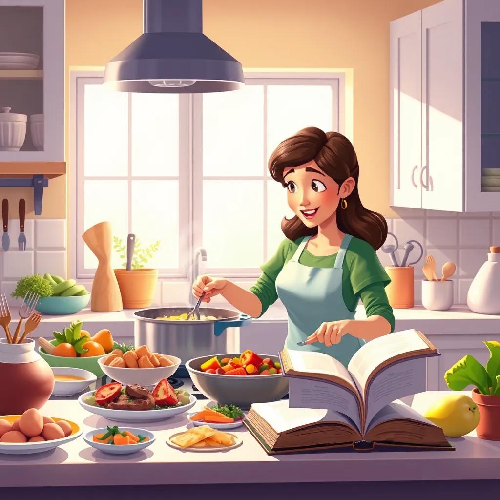 A mother cooking in a bright kitchen, preparing delicious meals, with the smell of food in the air, family recipe book open, nurturing, vibrant colors, cozy atmosphere