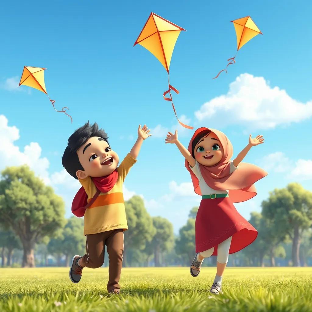 Two children, Mohammed and Sarah, playing in a park, flying kites under a blue sky, laughter in the air, joyful, vibrant scene, child-friendly, high quality
