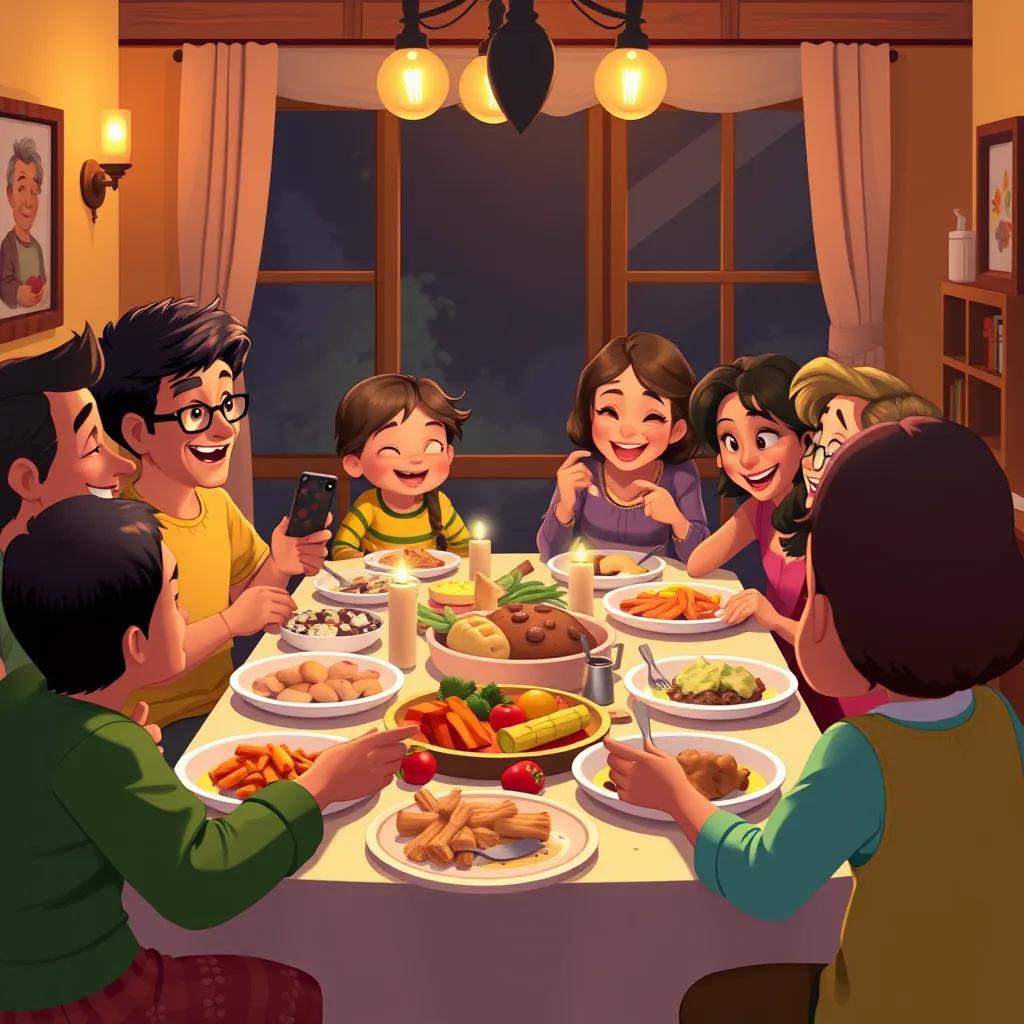 A warm family dinner scene, everyone gathered around a table with different dishes, sharing stories and laughing, love and togetherness, colorful, heartwarming imagery