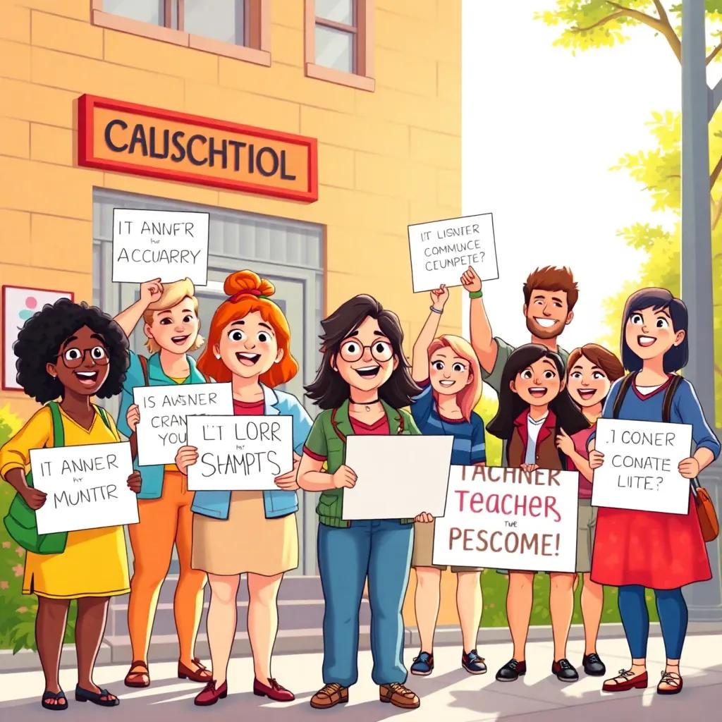 A group of passionate teachers standing outside a school, holding signs that advocate for their rights, with determined expressions, bright sunny day, illustration, warm colors, engaging atmosphere, high quality