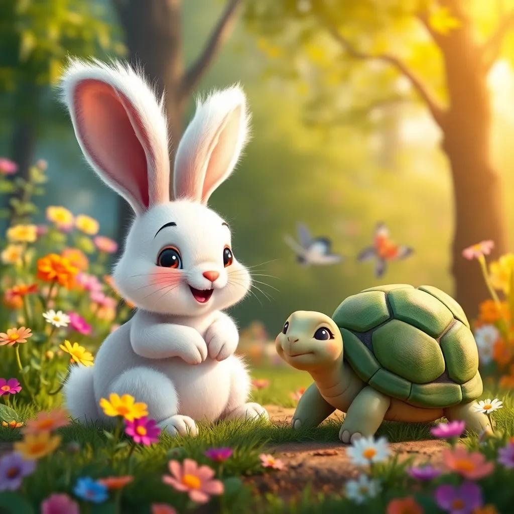 A cute rabbit named Toto, with fluffy white fur and big ears, happily talking to a turtle with a green shell, in a colorful forest with bright flowers and green trees, digital art, cheerful, vibrant colors, warm lighting, inviting atmosphere, high quality