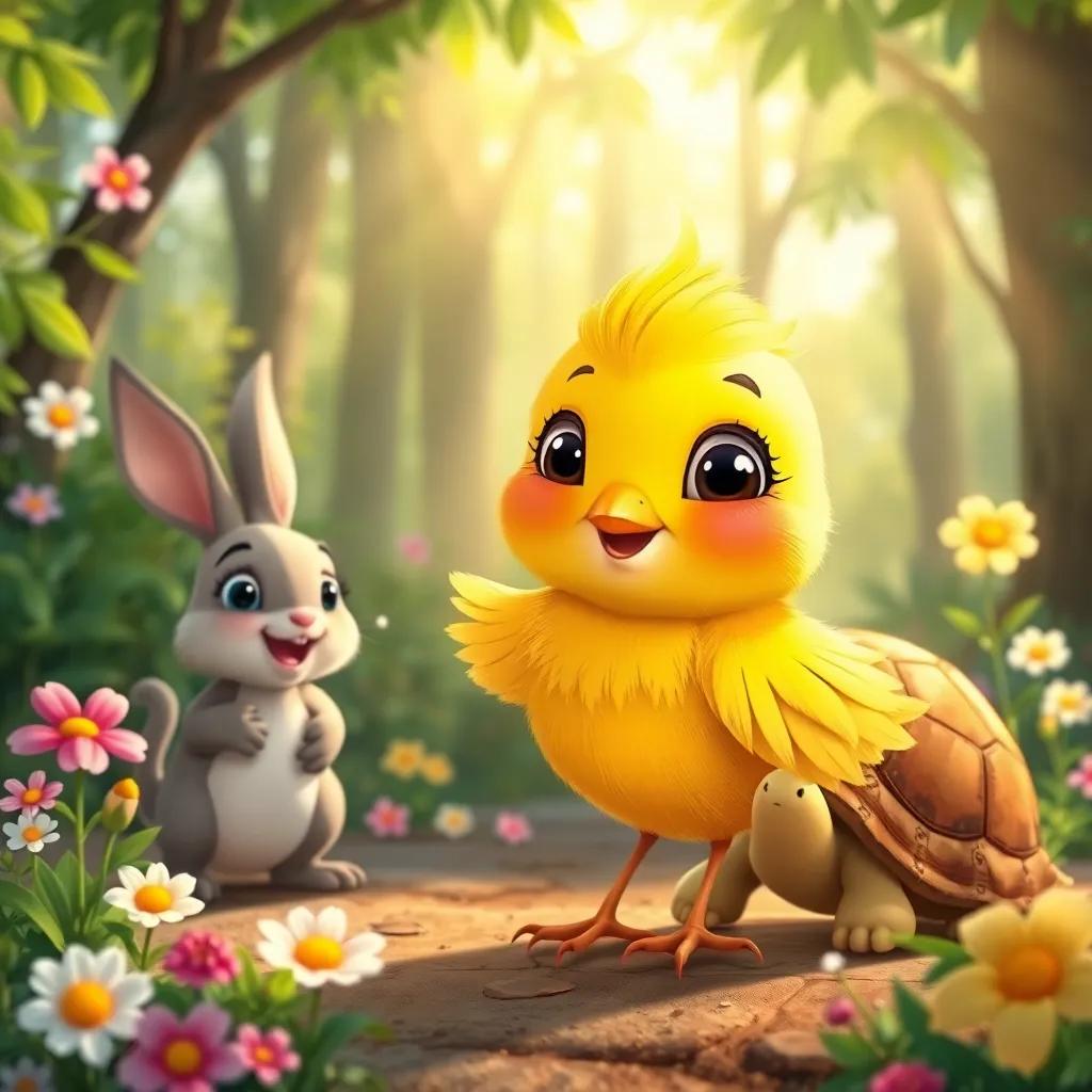 A small bird named Mimi, with bright yellow feathers, joining a happy rabbit and turtle in the forest, surrounded by flowers and sunshine, illustration, friendly, colorful, child-friendly atmosphere, high quality