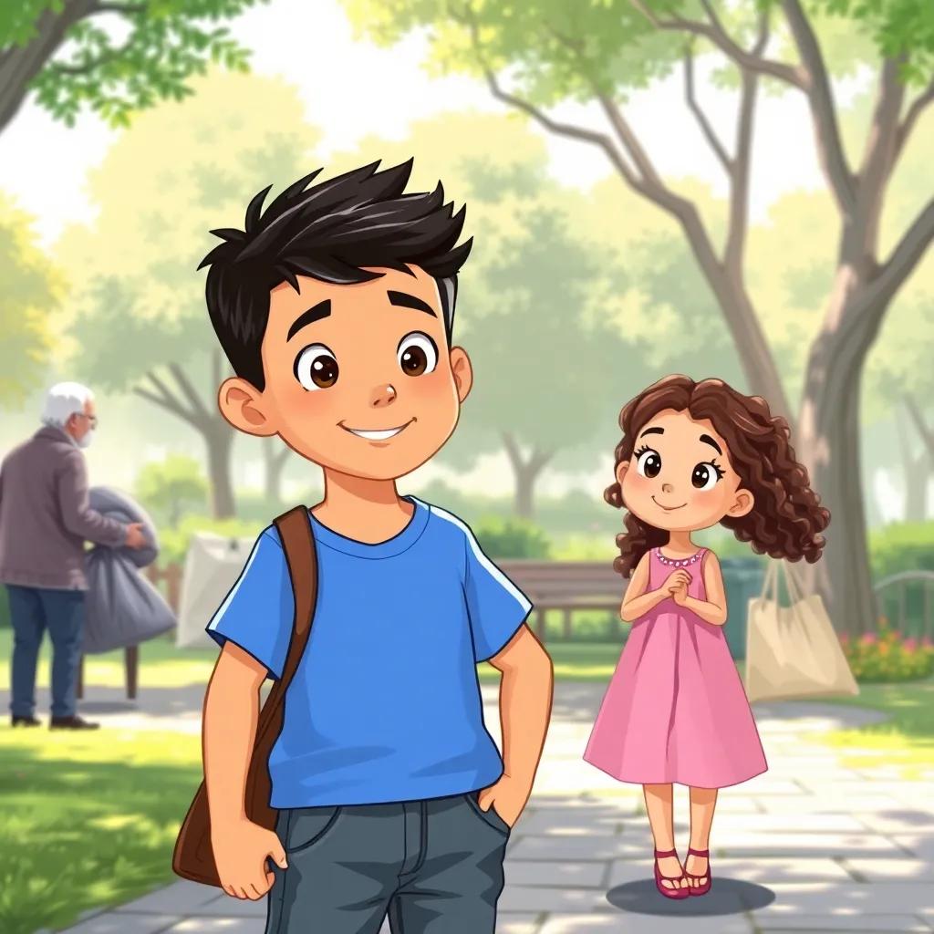 A young boy, Sami, with short black hair wearing a blue t-shirt and jeans, standing in a park with a young girl, Jamila, with long curly hair and a pink dress, looking curiously at an elderly man holding heavy bags, bright sunlight, cheerful atmosphere, digital art, engaging scene, high quality