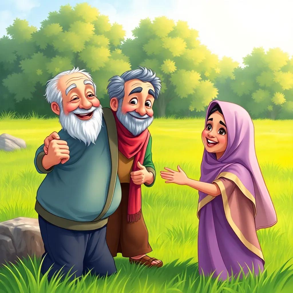 The elderly man smiling as Sami and Jamila approach him to help, showing their willingness to assist, lush green grass and trees in the background, joyful expressions, vibrant colors, friendly atmosphere, digital painting, heartwarming scene, high quality