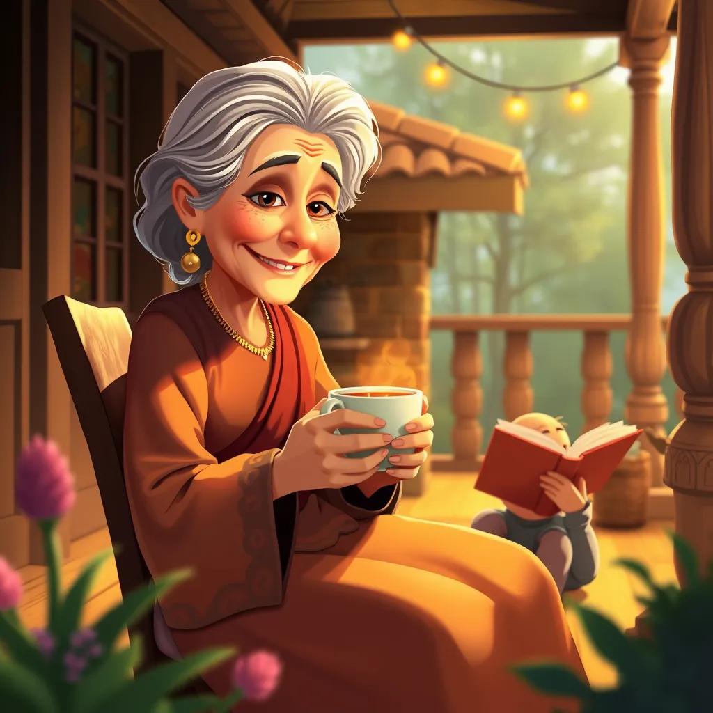 An elderly woman, Sami's grandmother, with gray hair and wearing a traditional dress, sitting on a porch with a cup of tea, sharing stories with Sami, warm light, cozy setting, heartwarming scene, illustration