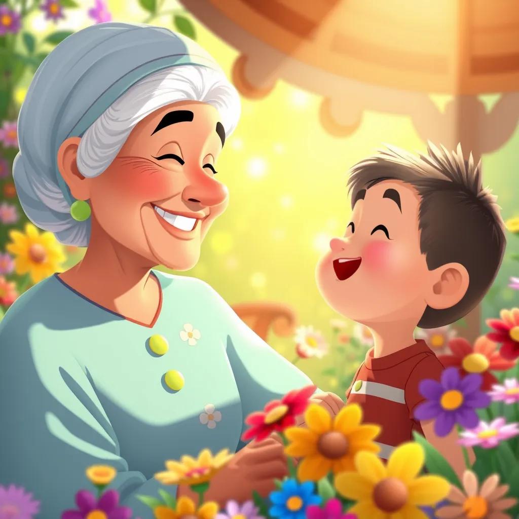 Sami's grandmother smiling at him saying: 'You are a hero, Sami!' surrounded by colorful flowers and sunlight, nurturing atmosphere, vibrant digital painting, cheerful