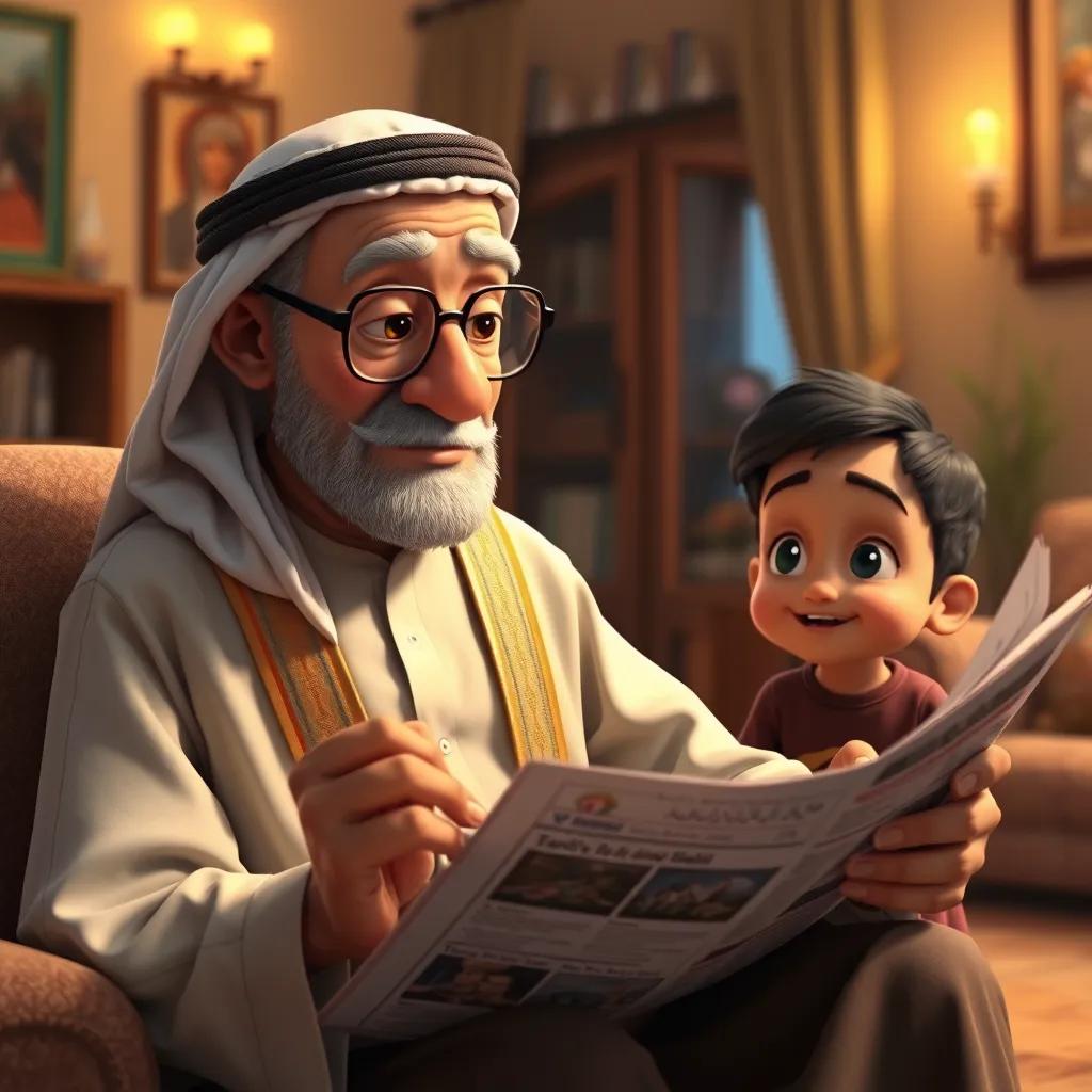 An elderly man, Sami's grandfather, wearing glasses and a traditional thobe, reading a newspaper in a cozy living room, Sami listens attentively, warm tone, realistic scene, digital art