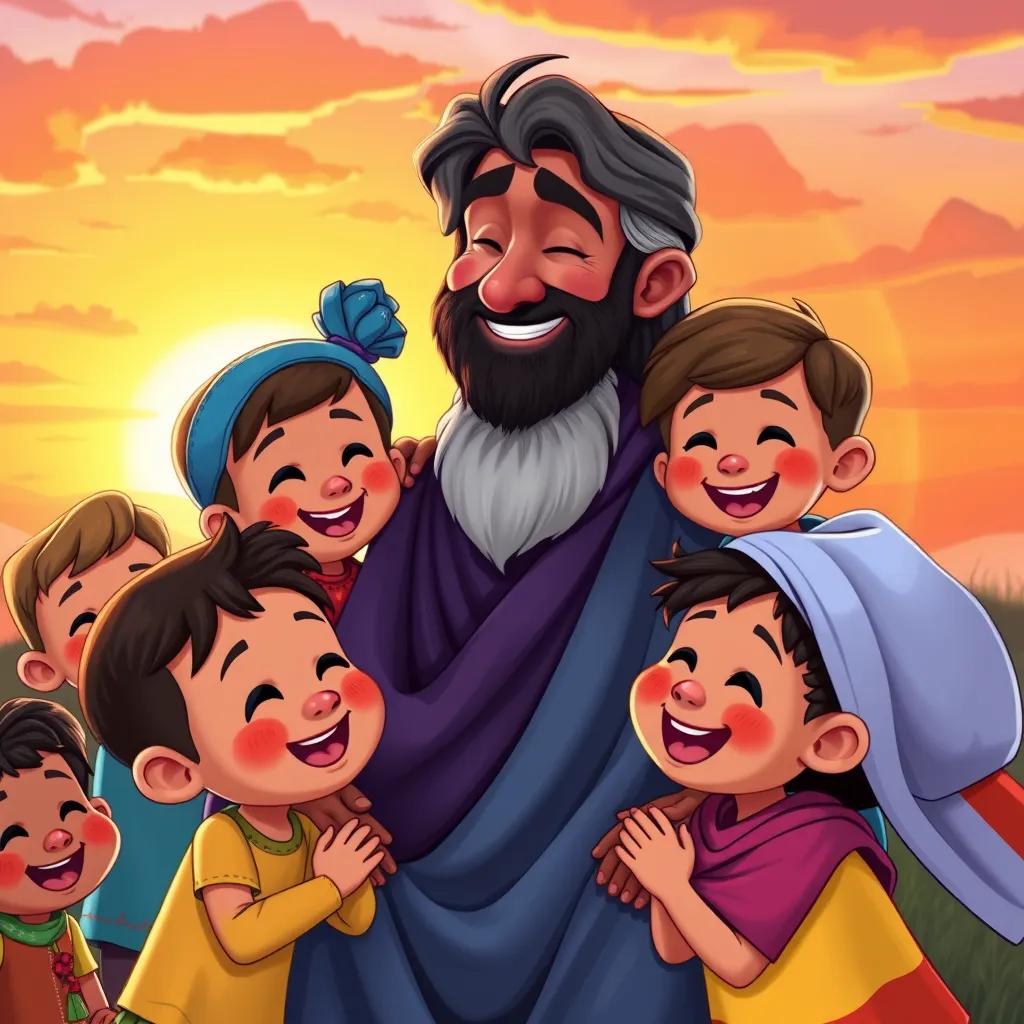 Sami, surrounded by happy children, teaching them the importance of respecting elders, a beautiful sunset in the background, enhancing the message of love and respect, vibrant colors, inspiring illustration