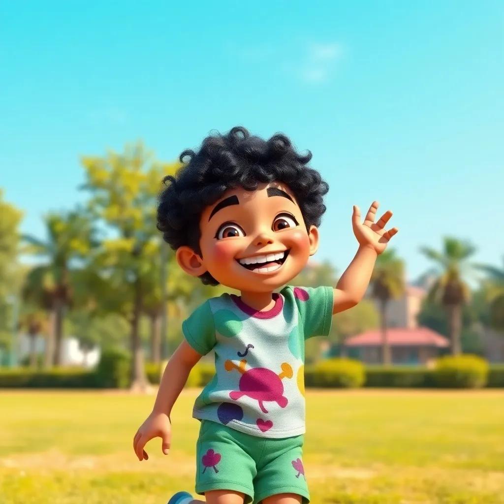 A young Arab boy, Ali, with curly black hair, wearing a colorful t-shirt and shorts, playing joyfully in a sunny park with a big smile, digital art, bright colors, cheerful atmosphere, high quality